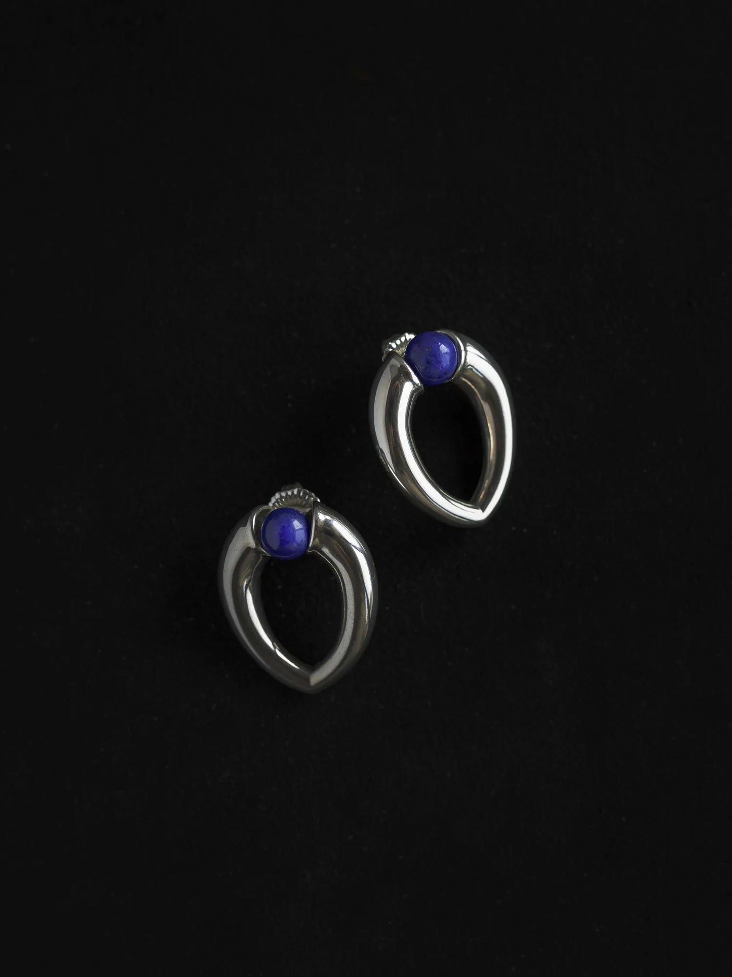 Maancy interchangeable teardrop earrings with vibrant blue lapis lazuli spheres set in polished sterling silver, handcrafted in Los Angeles.