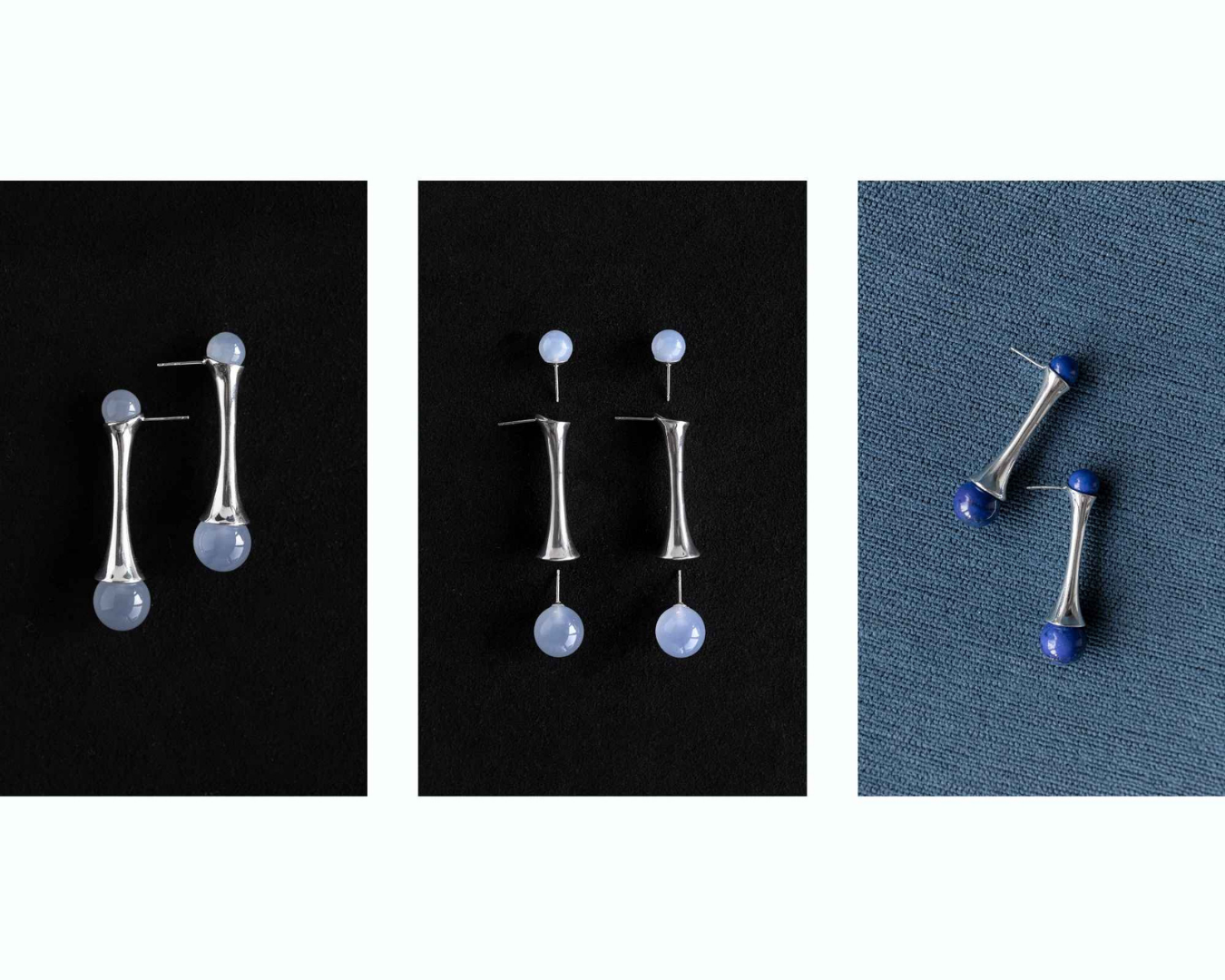Maancy interchangeable earring system showing multiple configurations with blue gemstones and sterling silver fluted design on different backgrounds