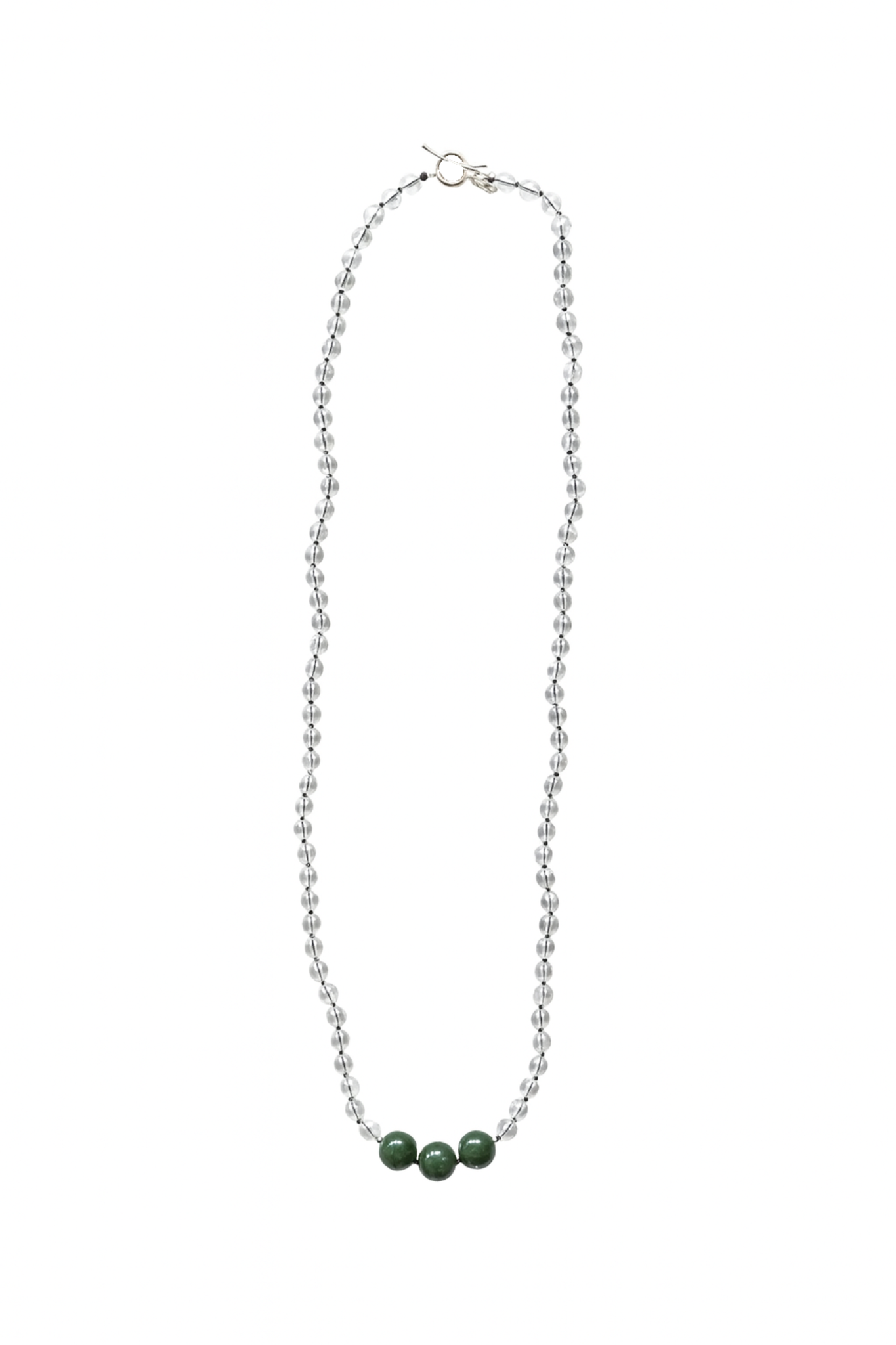 long 30mm beaded necklace with 8mm quartz beads and 16mm center green jade beads with a toggle clasp