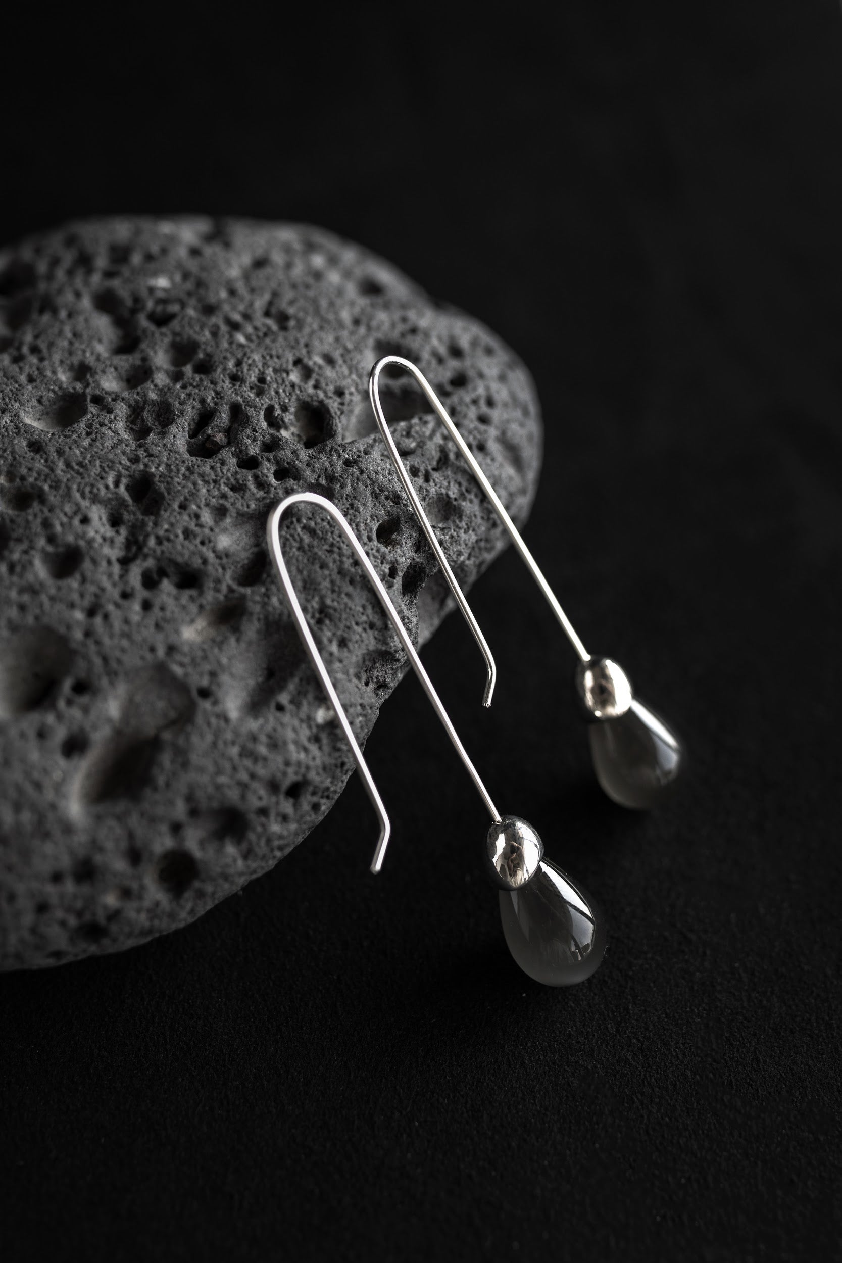 Sterling Silver French Hook earrings with drop stone in gray moonstone drop shape. Duster earrings 4 inches long