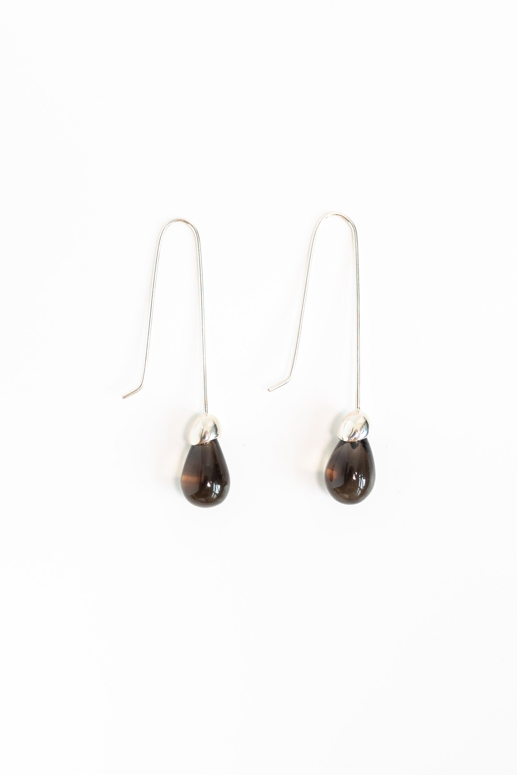 Sterling Silver French Hook earrings with drop stone in brown smoky quartz stone. Duster earrings 4 inches long