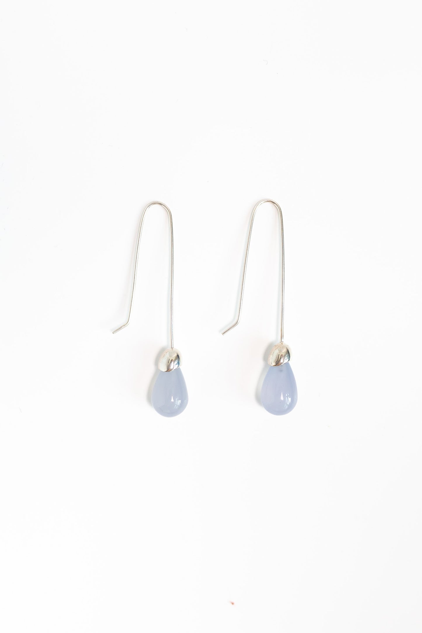 Sterling Silver French Hook earrings with drop stone in blur chalcedony drop stone. Duster earrings 4 inches long