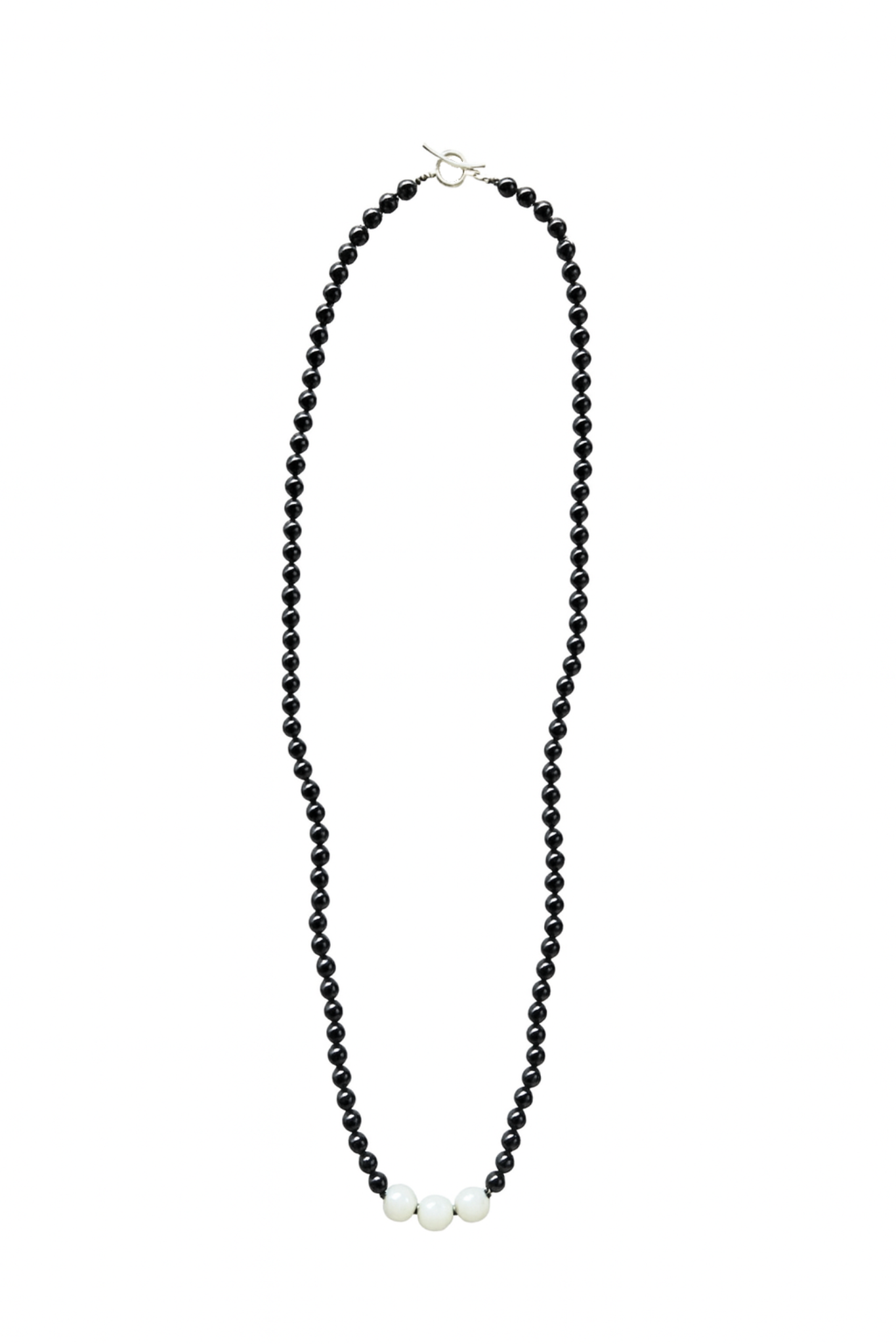 long beaded necklace with 8mm black onyx beads and 16mm large moonstone beads in the center