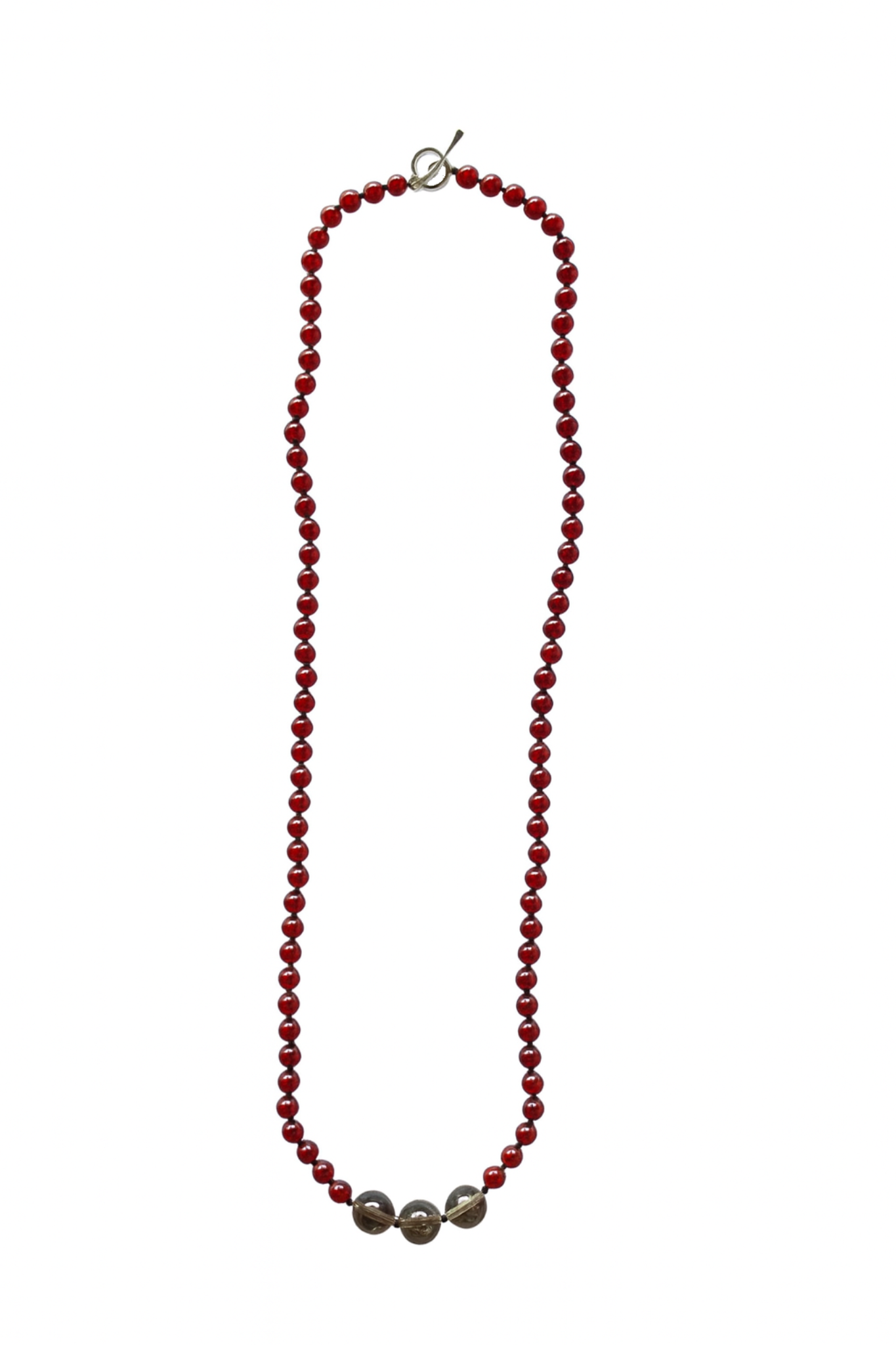 long beaded necklace with carnelian beads and center large smoky quartz beads