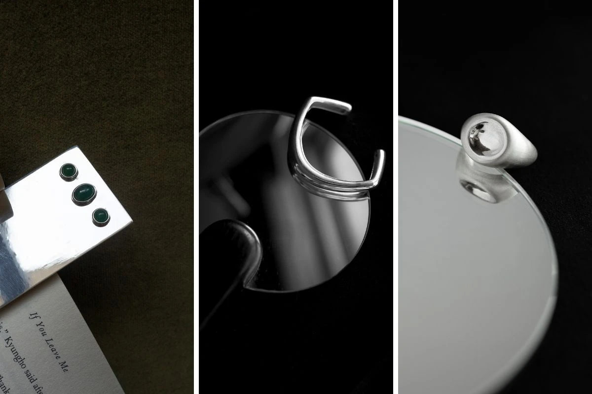 Handcrafted sterling silver collection featuring jade bookmark, mirror dome ring, and architectural designs from MAANCY