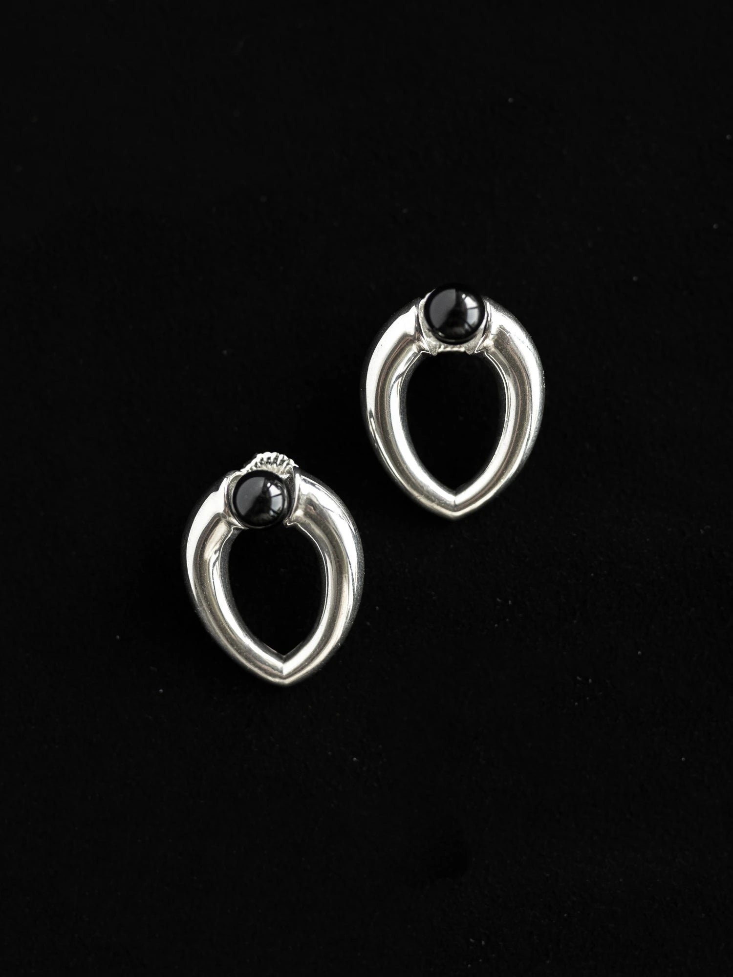 Maancy sterling silver teardrop stud earrings with onyx gemstones, designed as versatile 8mm studs compatible with interchangeable earring system.