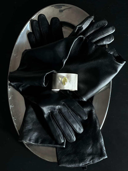 Black leather gloves and marquise cuff bangle lemon quartz