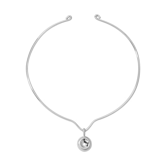Silver necklace with a small round pendant on a white background